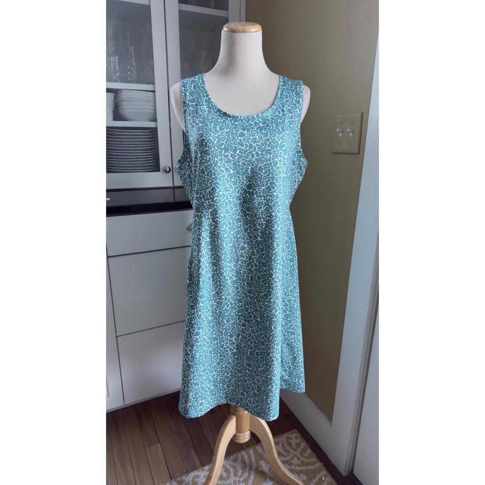 L.L. Bean Sleeveless Floral A-Line Dress Teal White Size M Regular